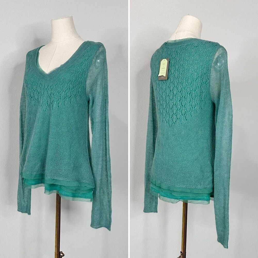 Anthropologie Knitted & Knotted Irina Green Layered Alpaca Blend Sweater M NWT - Picture 3 of 14